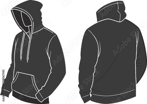 Black pullover hoodie template with front and back views, isolated on transparent background.