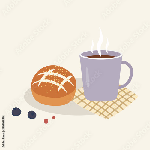 A Hot Cross Bun and Berries with Steaming Hot Coffee Mug on a Checkered Napkin