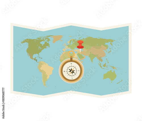 World Map Travel and Direction Concept with Compass and Push Pin
