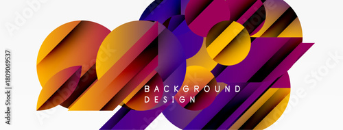 Abstract geometric shapes, vibrant colors, dynamic composition. Modern design elements create visually striking background.