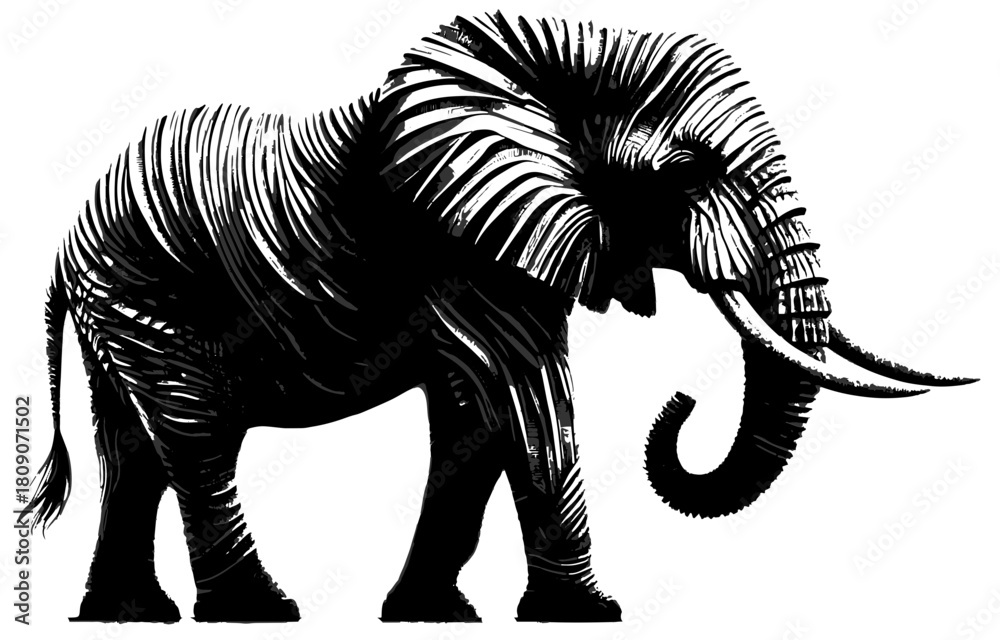 Fototapeta premium A striking abstract elephant sculpture rendered in bold black and white stripes. This modern art piece emphasizes form, texture, and movement, suitable for contemporary interiors