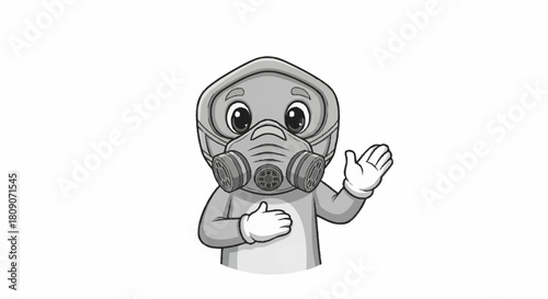 Friendly cartoon character wearing protective gas mask waves hello, conveying safety and security, perfect for health awareness campaigns and educational materials