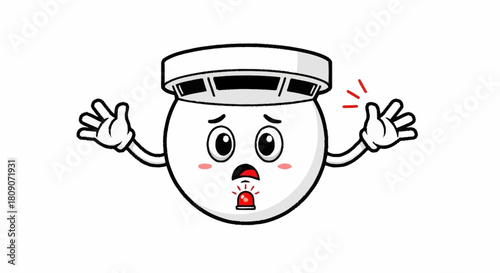 Cartoon smoke detector character with worried expression and flashing red light, ideal for safety education materials and fire prevention campaigns