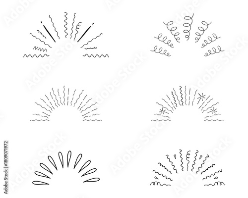 Radial firework burst line confetti and lines hand drawn sketch. Sunbeam, party decoration, comic minimal spark. Explosion with Radial stripes