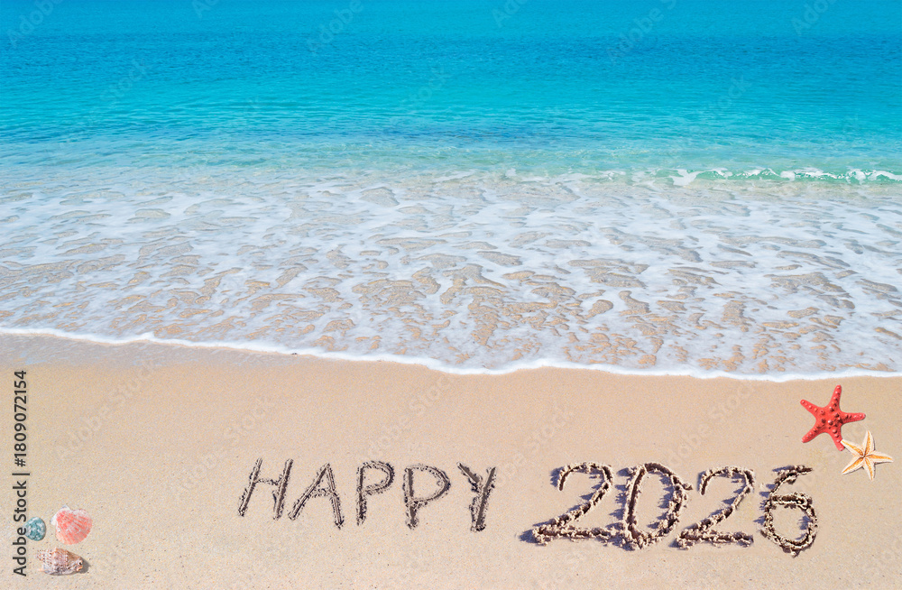 Fototapeta premium happy 2026 on a tropical beach