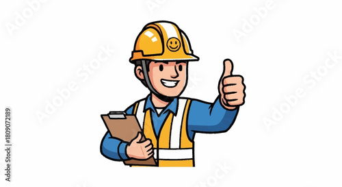 Cheerful construction worker giving thumbs up with clipboard is perfect for safety campaigns and positive project updates, bringing a sense of friendly expertise
