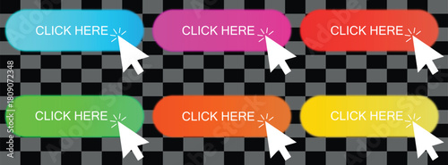 Click here buttons in various colors with mouse cursor on transparent background, ideal for website calltoaction, user interface design, and interactive elements