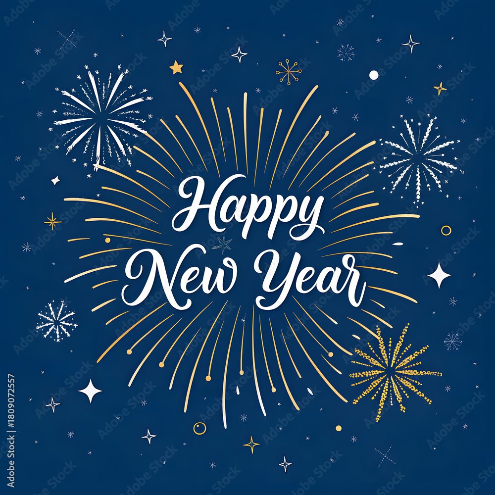 Fototapeta premium Happy new year greeting card with fireworks on dark blue background