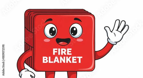 Friendly fire blanket cartoon character waving hello, promoting safety awareness and emergency preparedness in a cute, approachable style for families and kids