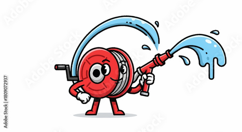 Cartoon fire hose character spraying water with happy expression, perfect for safety campaigns or children's education materials with a playful vibe