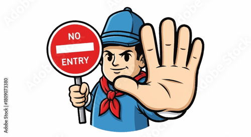 Cartoon figure urgently signaling 'No Entry' with hand and sign, ideal for safety campaigns and restriction notices, bringing attention effectively