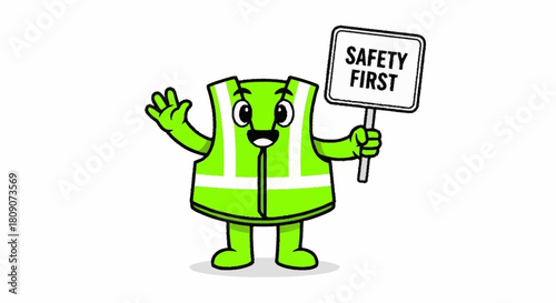 Friendly safety vest mascot holds a sign reminding everyone to think safety first, promoting a secure and compliant work environment with bright colors