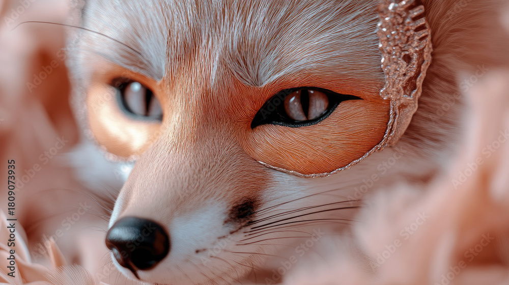 Obraz premium Italian Brainrot, surreal 3D fox in Venetian carnival mask during Venice festival, neon chaotic humor, whimsical maximalist meme art, copy space