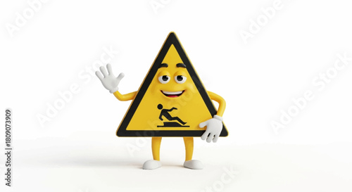 Cheerful wet floor sign waving hello, a friendly reminder to be careful, promoting safety awareness with a touch of humor, ideal for workplace safety campaigns