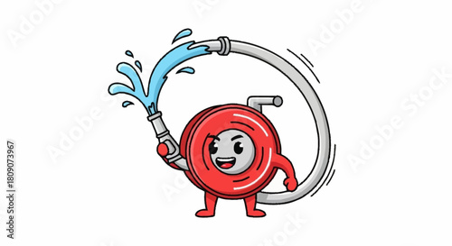 Cartoon fire hose character spraying water with a smile, perfect for safety education or fun firefighting concepts in kids' illustrations and playful designs