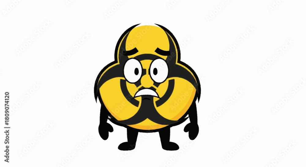 Naklejka premium Worried biohazard symbol cartoon character standing nervously, ideal for safety awareness campaigns and educational health content to illustrate potential dangers