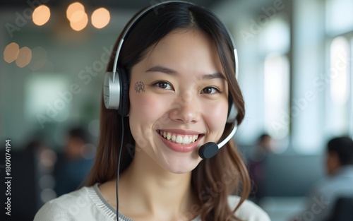 Portrait of happy smiling female customer support phone operator at workplace. Asian. High quality