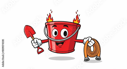 Cartoon fire bucket character with shovel and hose ready to fight fires, ideal for educational content or kids' safety campaigns, a playful take on safety