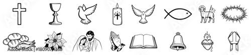 Christian Religious Symbols Line Icon Set for Easter and Christmas