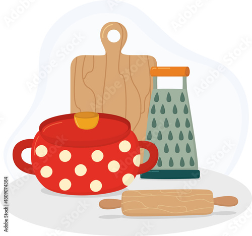 Kitchen still life with red polka‑dot cooking pot, wooden cutting board, metal grater and a rolling pin. Culinary and home cooking illustration 