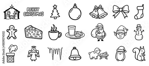 Christmas Vector Icons Collection with Holiday Doodles in Line Art Style