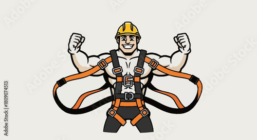 Strong construction worker mascot flexing his muscles wearing safety gear, a powerful icon for your next building project or labor campaign