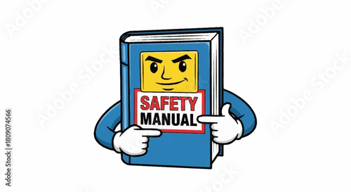 Serious safety manual cartoon character pointing for workplace compliance, training, and hazard prevention guidelines in a fun, engaging way