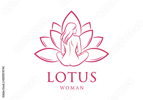 Elegant logo design featuring a serene woman meditating within a beautiful pink lotus flower, symbolizing peace, beauty, and feminine well-being
