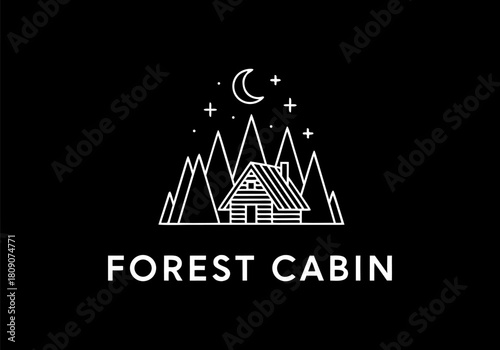 Minimalist vector emblem depicting a serene forest cabin nestled among mountains under a starry night sky, perfect for outdoor branding