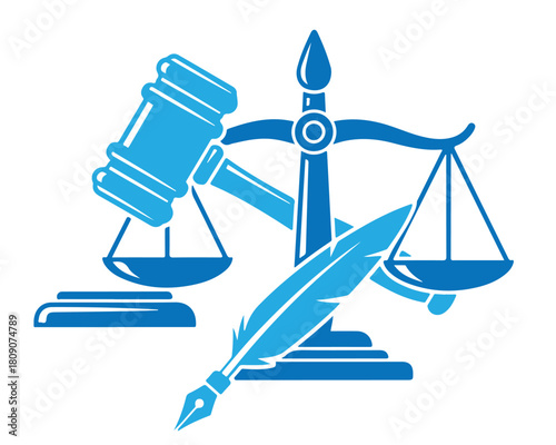 Scales of justice, gavel, and quill pen in blue, symbolizing law, legal system, and jurisprudence, isolated on transparent background