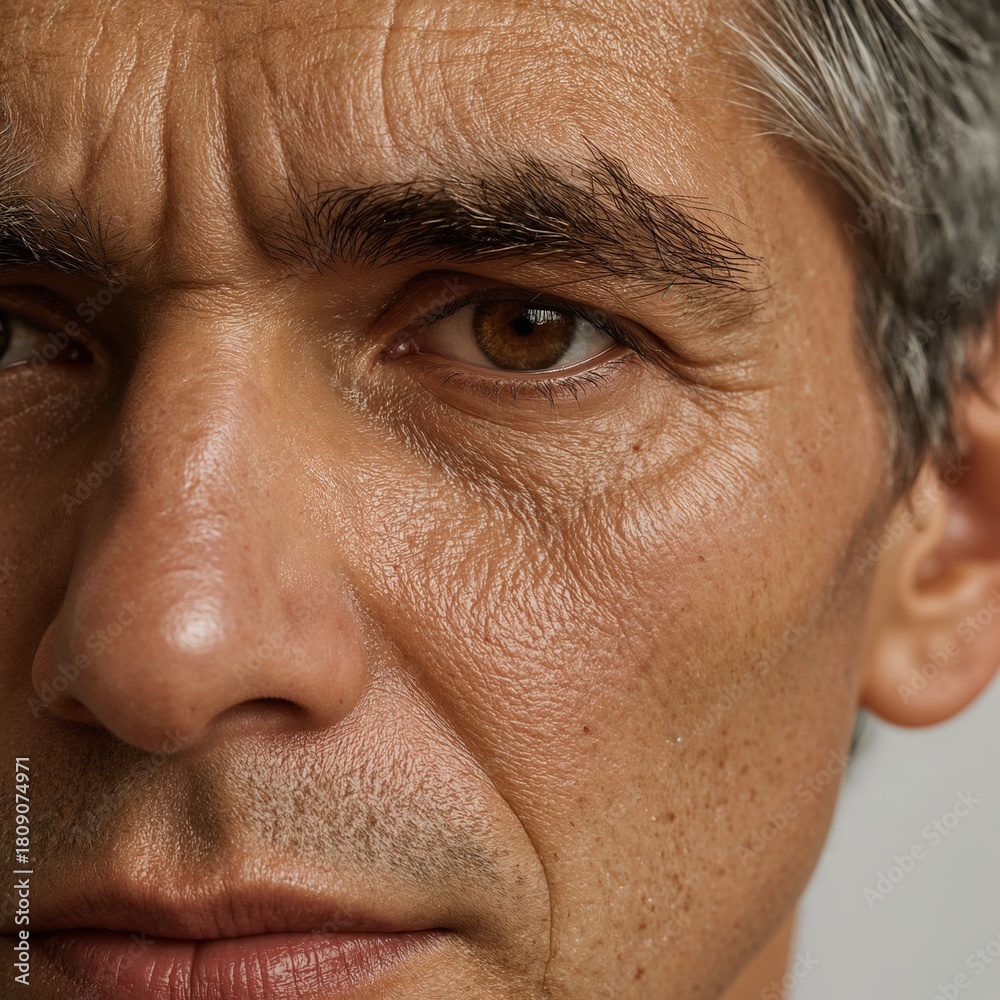 Fototapeta premium Mature man with gray hair and deep facial wrinkles closeup 