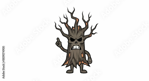 Spooky tree monster cartoon character pointing for Halloween designs and scary themes, ready for your creative projects, a unique and fun element