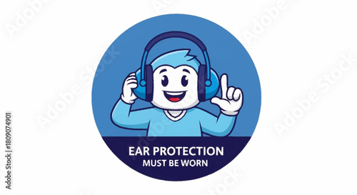 Wear ear protection cartoon character promoting safety compliance at the construction site or noisy factory with this adorable mascot illustration today!