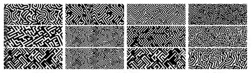 Maze and Labyrinth Seamless Line Pattern Set in Black and White Abstract Vector Backgrounds