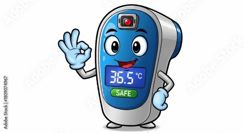 Cartoon infrared thermometer character with a normal temperature shows okay sign ensuring safety and health promoting wellness and peace of mind
