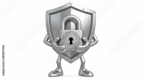 Cybersecurity sentinel protecting your data with a shield and lock mascot, safe digital transformation, online privacy, data protection concept, security