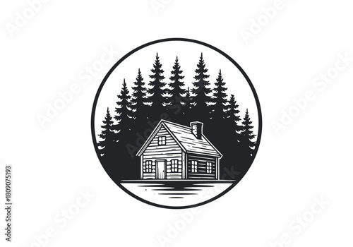 Idyllic Wooden Cabin Set in a Serene Pine Forest Landscape with Water Reflection, a Rustic Vector Illustration