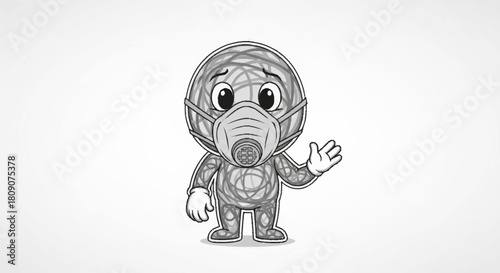 Cartoon character wearing protective mask, promoting health safety and awareness during outbreaks, perfect for educational materials and public service announcements