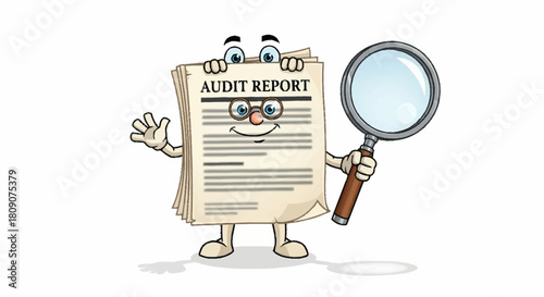 Funny audit report character with magnifying glass ready for financial review, perfect for business presentations and accounting illustrations, easy to use