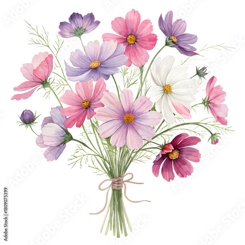 Watercolor bouquet of colorful cosmos flowers tied with twine on black background