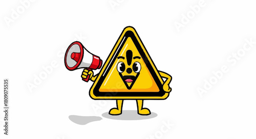 Funny cartoon warning sign character with megaphone announces important safety alert, perfect for kids education and playful attention grabbing designs