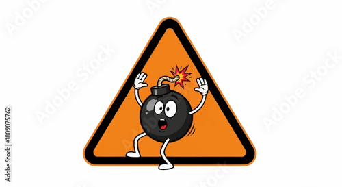 Cartoon bomb character looking surprised inside orange hazard warning sign, use for danger, warning, explosive, or caution concepts, funny illustration