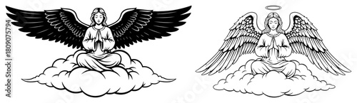Guardian Angel Sitting on Cloud Hand Drawn Illustration Set