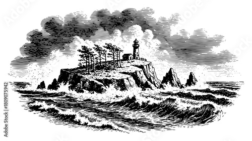 Rocky Island Lighthouse with Stormy Sea Waves Vintage Engraving