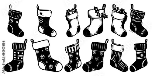 Christmas Stocking Icons Festive Holiday Socks with Gifts Black and White Vector Set