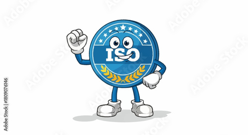 ISO mascot celebrating success with quality standards, perfect for demonstrating business achievements and process optimization in your next presentation
