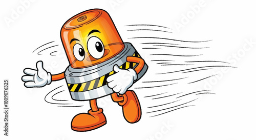 Speedy cartoon emergency light character running fast with determined expression, great for safety campaigns, urgent alerts, or playful announcement designs