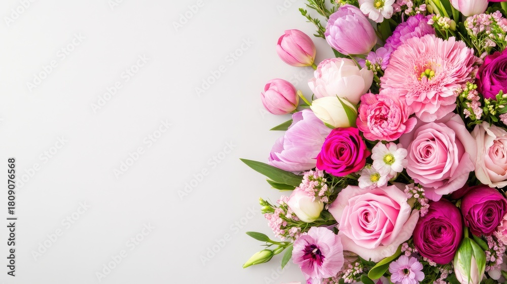 Fototapeta premium Beautiful bouquet features a variety of purple and pink flowers arranged elegantly on a gray table. Perfect for flower shops offering delivery services, with ample space for promotional text