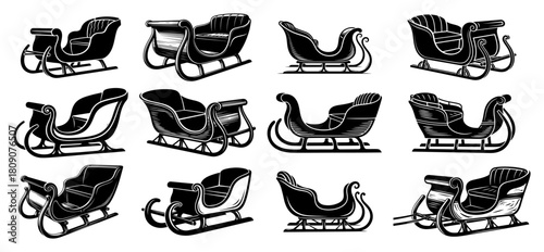 Vintage Santa Claus Sleigh And Wooden Winter Sled Collection Vector Illustration