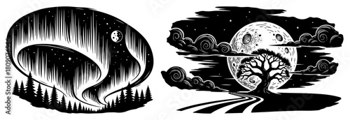 Surreal Night Sky Landscape with Moon and Northern Lights